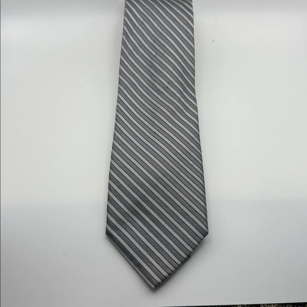 Vintage Calvin Klein Striped Tie, light gray, & dark gray colors, 100% silk